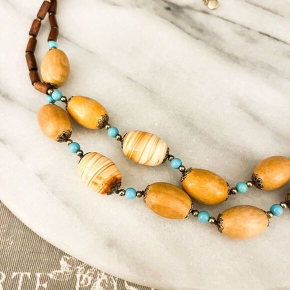 Liz Claiborne Wood Bead Necklace Brown Chunky 2 Strand Long Earthy Vintage 1990s - Picture 2 of 9